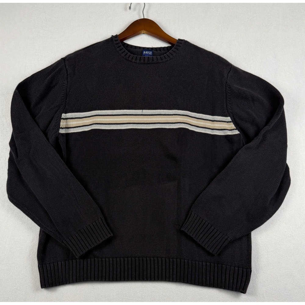 Vintage Basic Editions Navy Blue Striped Cotton Crewneck Sweater Y2K Medium